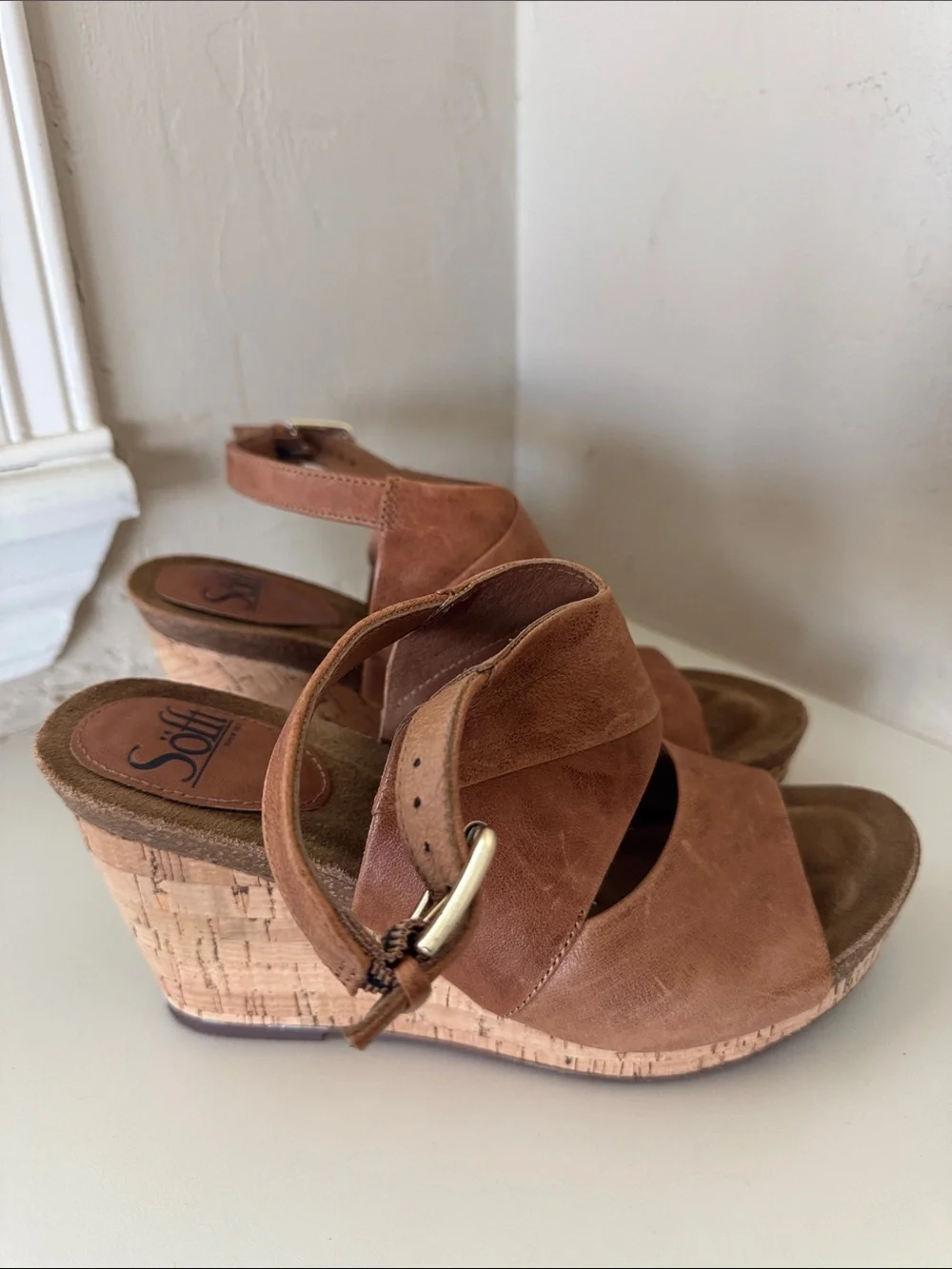 Sofft Tan Brown Leather Cork Wedge Sandals